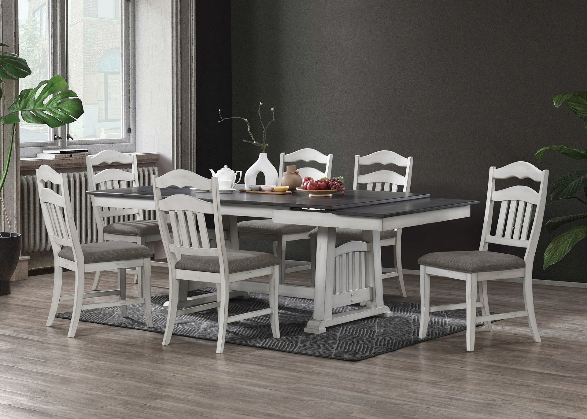 Antique White 7pc Dining Set Table w 2x Leaves Ladder Back 6x Chairs Classic Look Dining Room