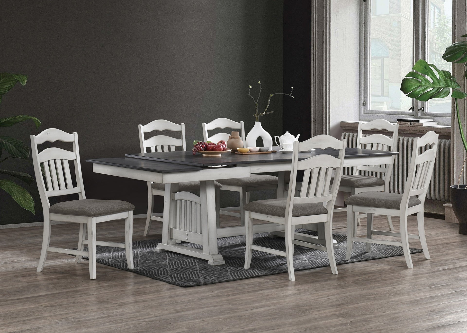 Antique White 7pc Dining Set Table w 2x Leaves Ladder Back 6x Chairs Classic Look Dining Room