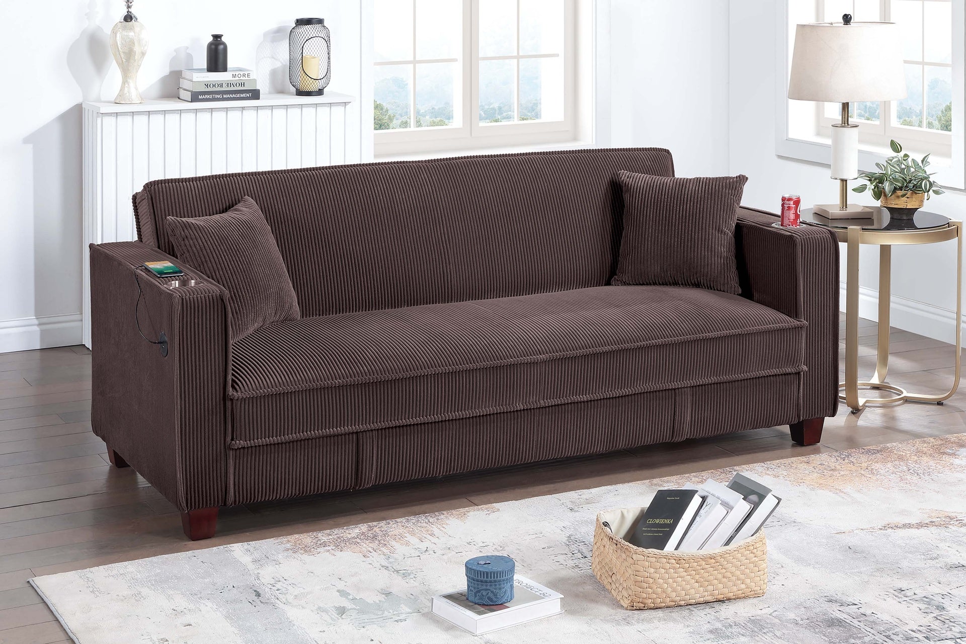Chocolate Finish Contemporary Style 1pc Convertible Sofa Square Arms Wooden Legs Hidden Storage Matching Throw Pillow USB Port Primary Living Room