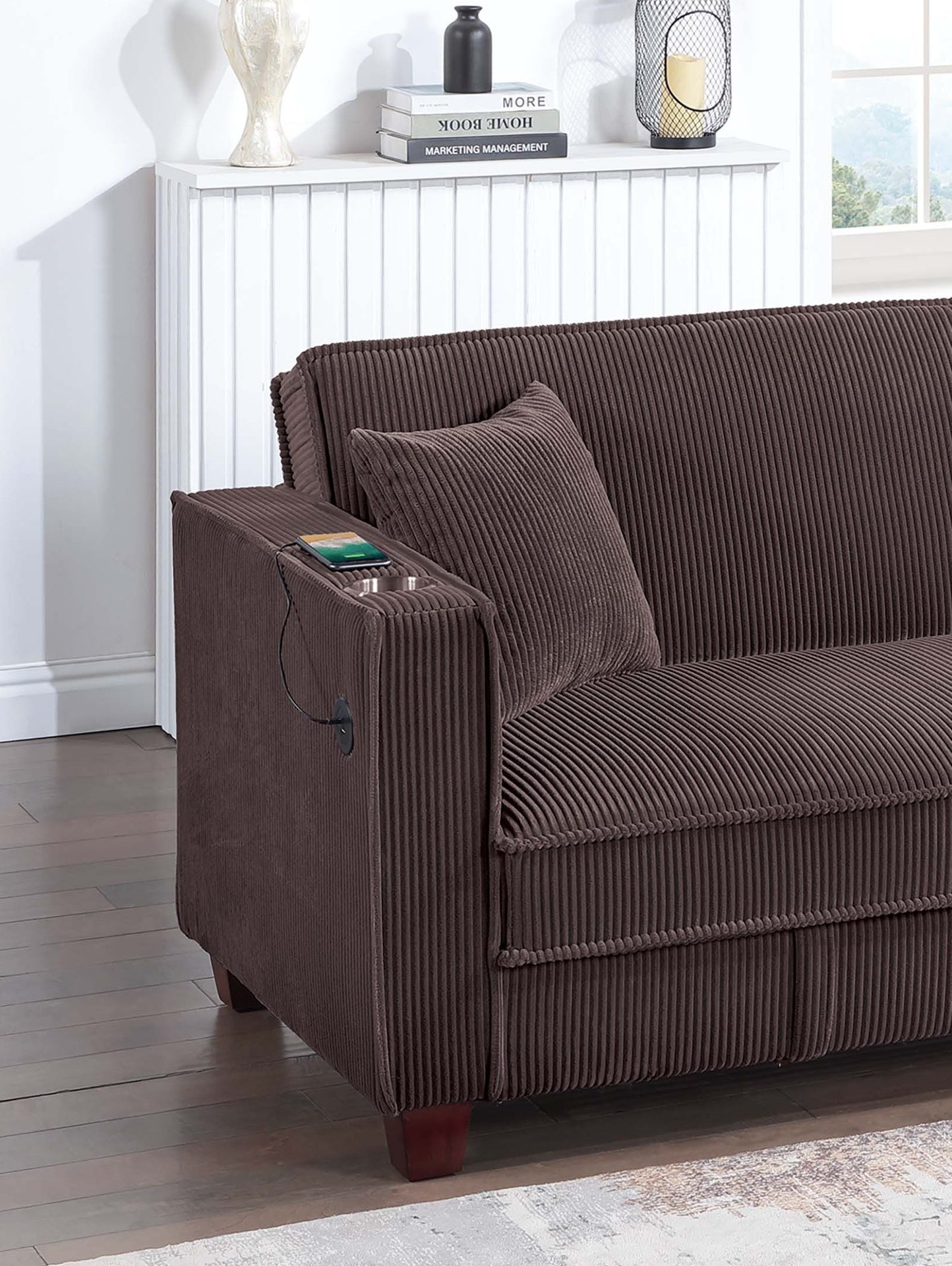Chocolate Finish Contemporary Style 1pc Convertible Sofa Square Arms Wooden Legs Hidden Storage Matching Throw Pillow USB Port Primary Living Room