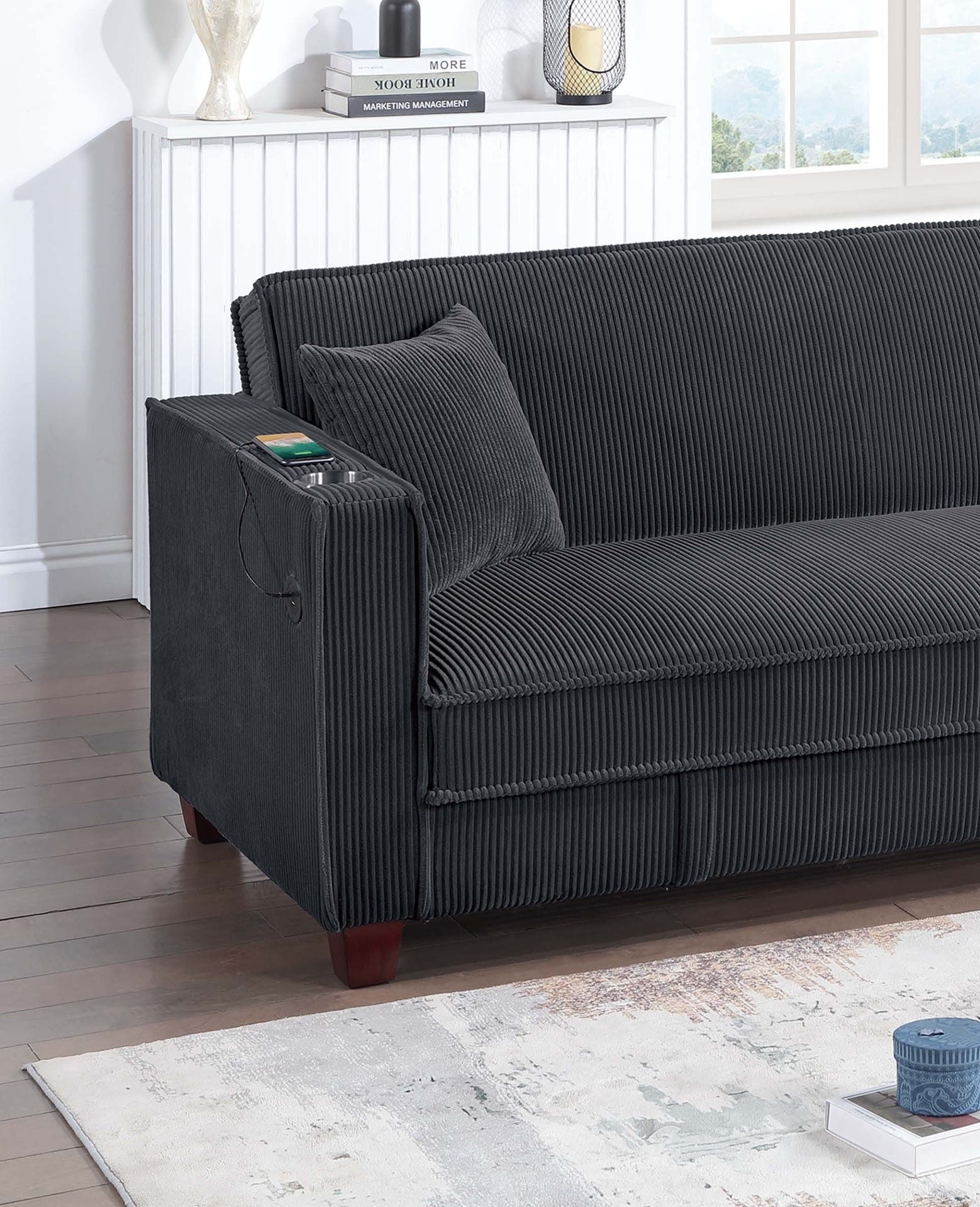 1pc Convertible Sofa w/ Hidden Storage Folding Backrest Cup Holder USB Ports Wooden Legs Matching Pillows Black Finish Primary Living Room