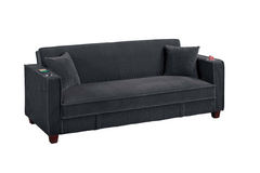 1pc Convertible Sofa w/ Hidden Storage Folding Backrest Cup Holder USB Ports Wooden Legs Matching Pillows Black Finish Primary Living Room