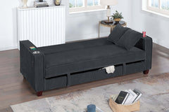 1pc Convertible Sofa w/ Hidden Storage Folding Backrest Cup Holder USB Ports Wooden Legs Matching Pillows Black Finish Primary Living Room