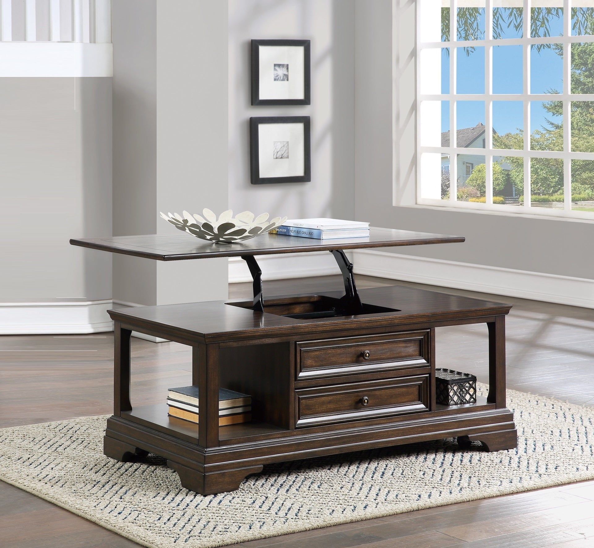 Traditional Design Lift Top Cocktail Table with Storage Drawers Espresso Finish Living Room Furniture 1pc