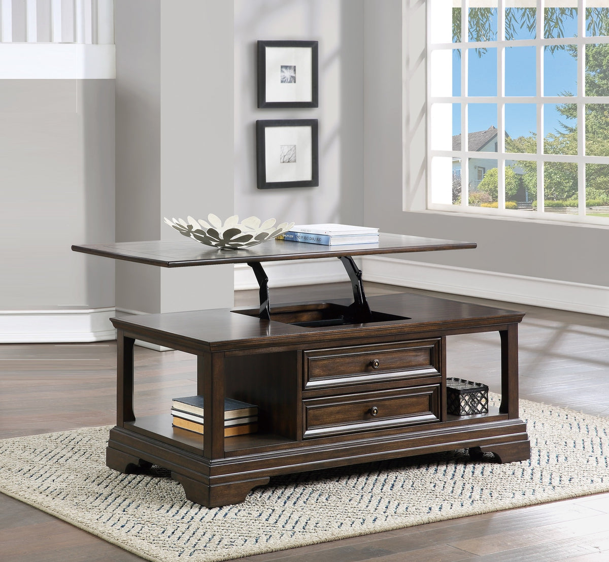 Traditional Design Lift Top Cocktail Table with Storage Drawers Espresso Finish Living Room Furniture 1pc