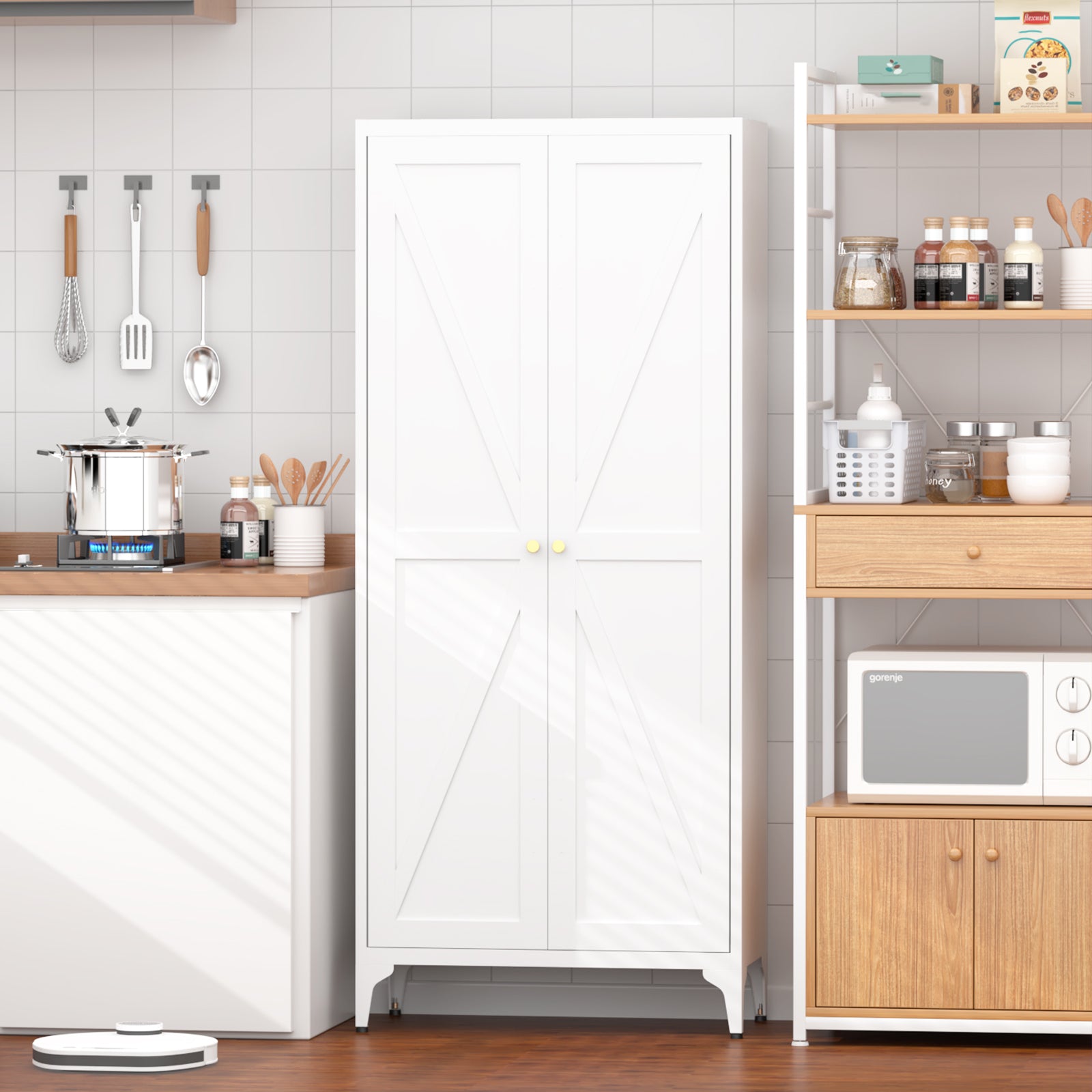Metal Adjustable 2 Doors Metal Storage Cabinet Kitchen Pantry Cabinet With Adjustable Shelves all Steel Cabinet Locker For Kitchen, Living Room, Dining Room And Office
