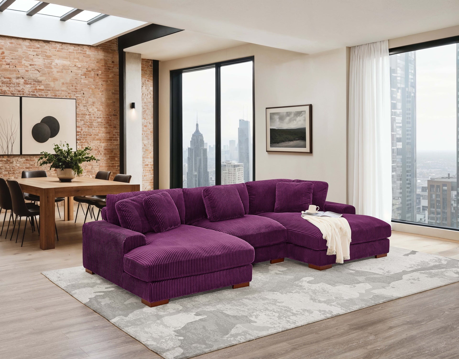 Large Seating Corduroy Upholstered Double Chaise Sectional