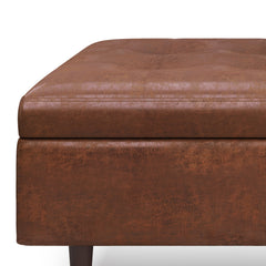 Shay 38 inch Wide Mid-Century Large Square Coffee Table Storage Ottoman in Distressed Saddle Brown Vegan Leather