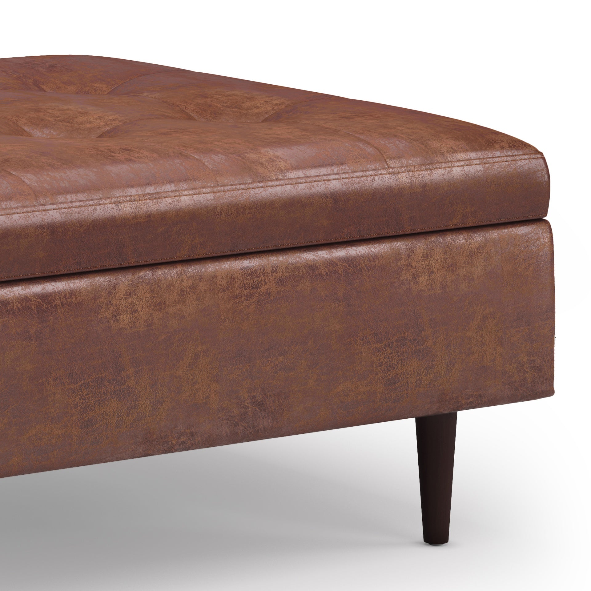 Shay 38 inch Wide Mid-Century Large Square Coffee Table Storage Ottoman in Distressed Saddle Brown Vegan Leather