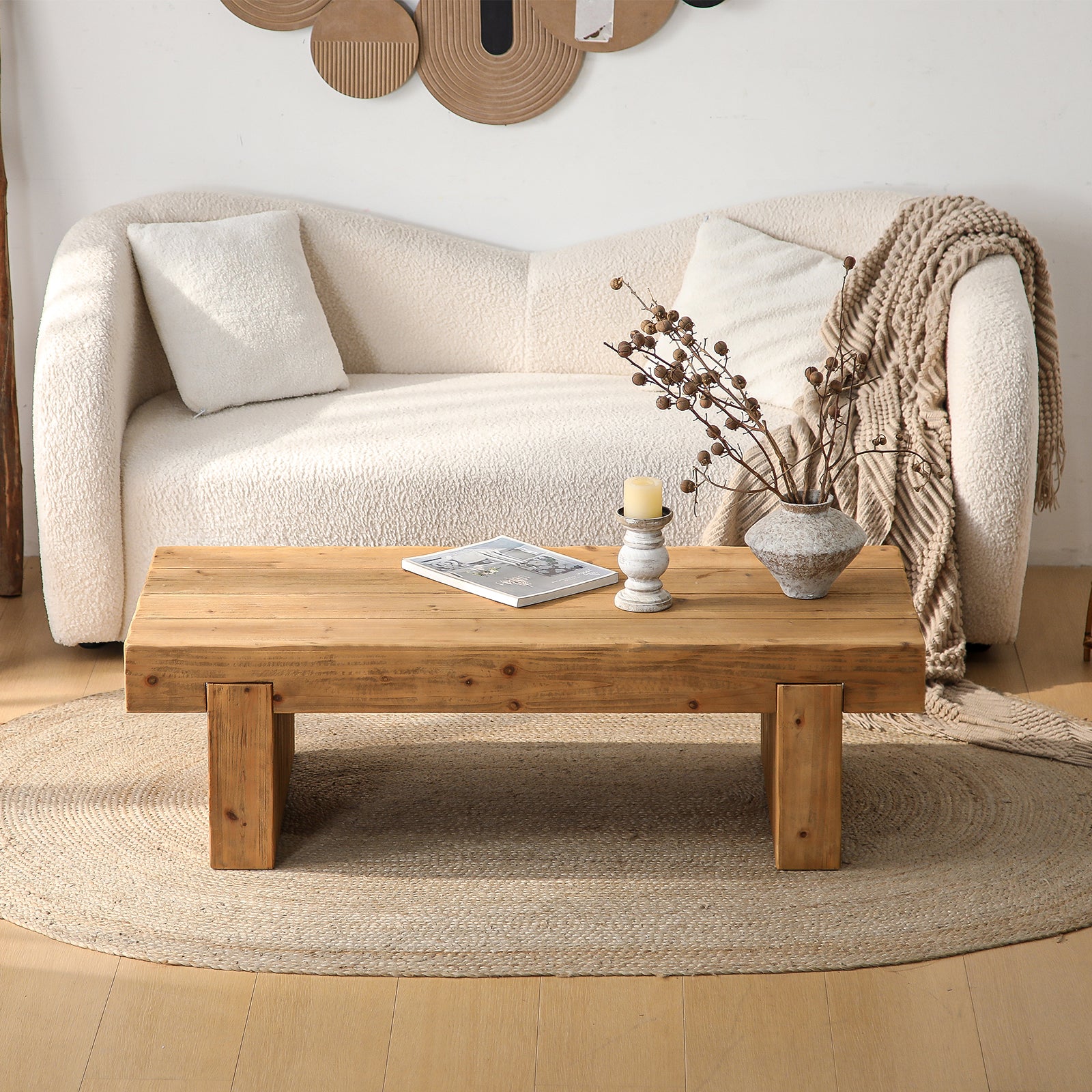 47.6" Farmhouse Solid Wood Coffee Table – Rectangular Rustic Accent Table for Living Room or Home Office, Low Profile Cocktail Table