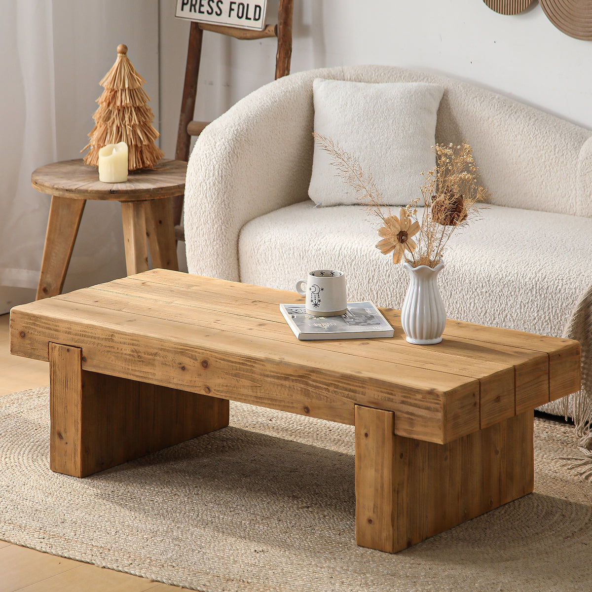47.6" Farmhouse Solid Wood Coffee Table – Rectangular Rustic Accent Table for Living Room or Home Office, Low Profile Cocktail Table