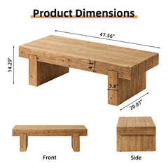 47.6" Farmhouse Solid Wood Coffee Table – Rectangular Rustic Accent Table for Living Room or Home Office, Low Profile Cocktail Table