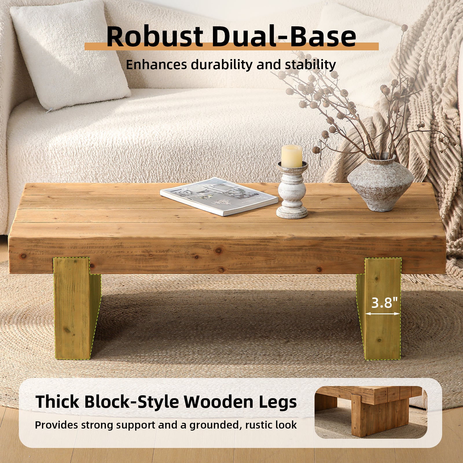 47.6" Farmhouse Solid Wood Coffee Table – Rectangular Rustic Accent Table for Living Room or Home Office, Low Profile Cocktail Table