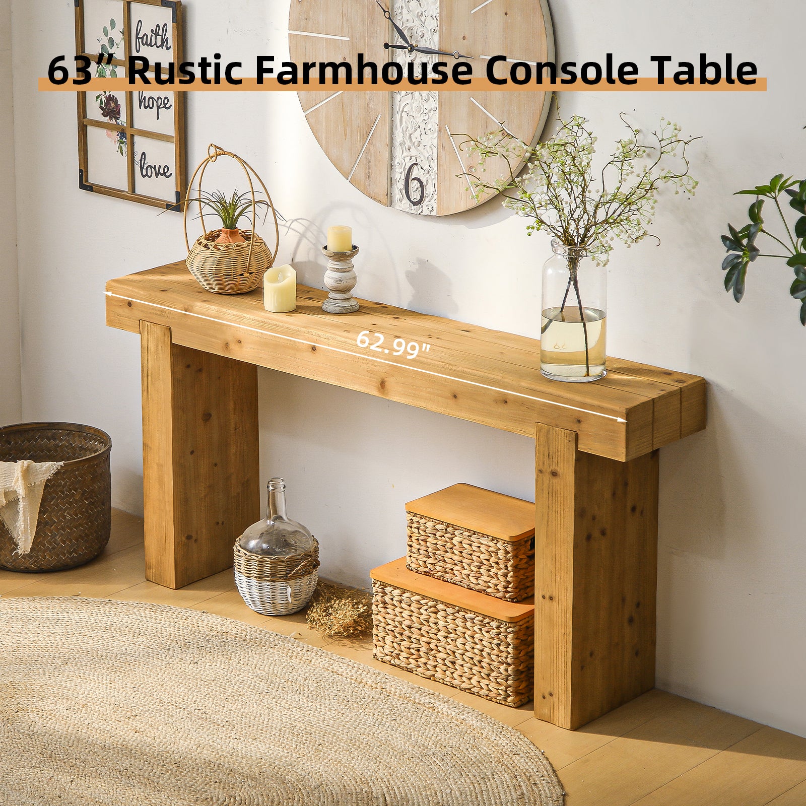 63" Solid Wood Console Table – Rustic Farmhouse Sofa Table for Entryway, Hallway, or Behind Couch, Narrow Rectangular Design