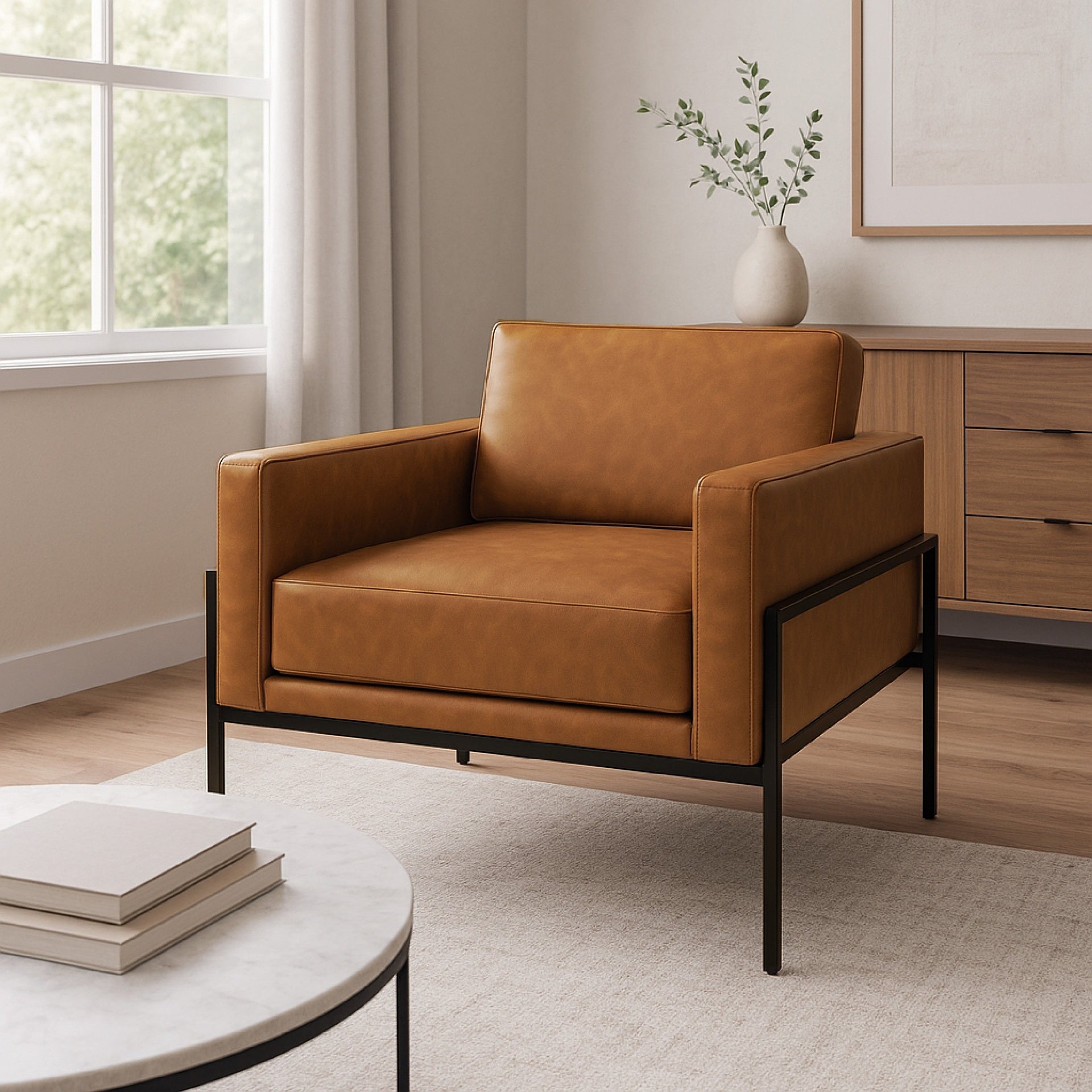 Fiam Accent Armchair, Caramel Brown Faux Leather, Modern Black Legs
