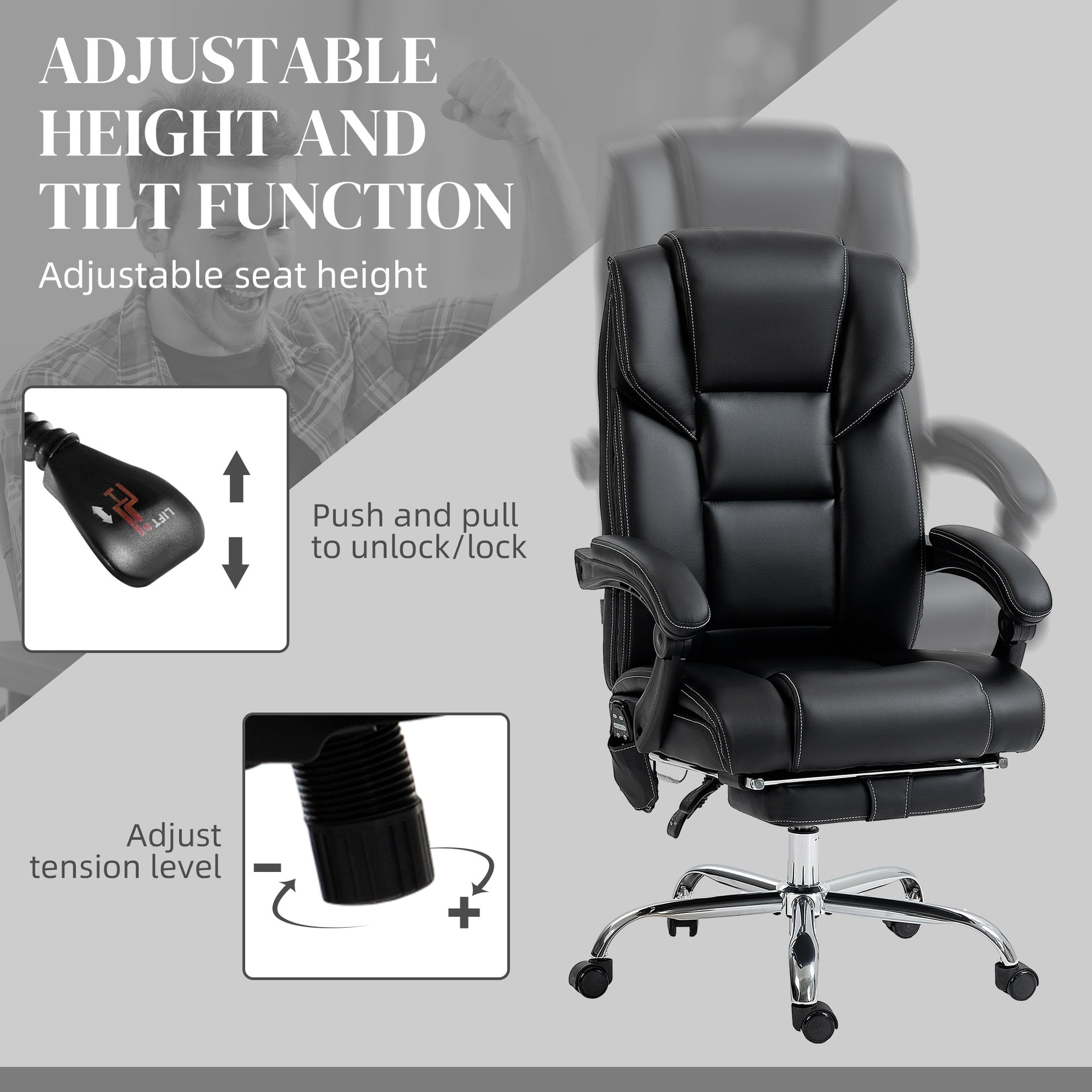 Vinsetto Massage Office Chair with 6 Vibration Points, Lumbar Heated PU Leather Reclining Computer Chair with Adjustable Height, Footrest, Tilt Function, Black