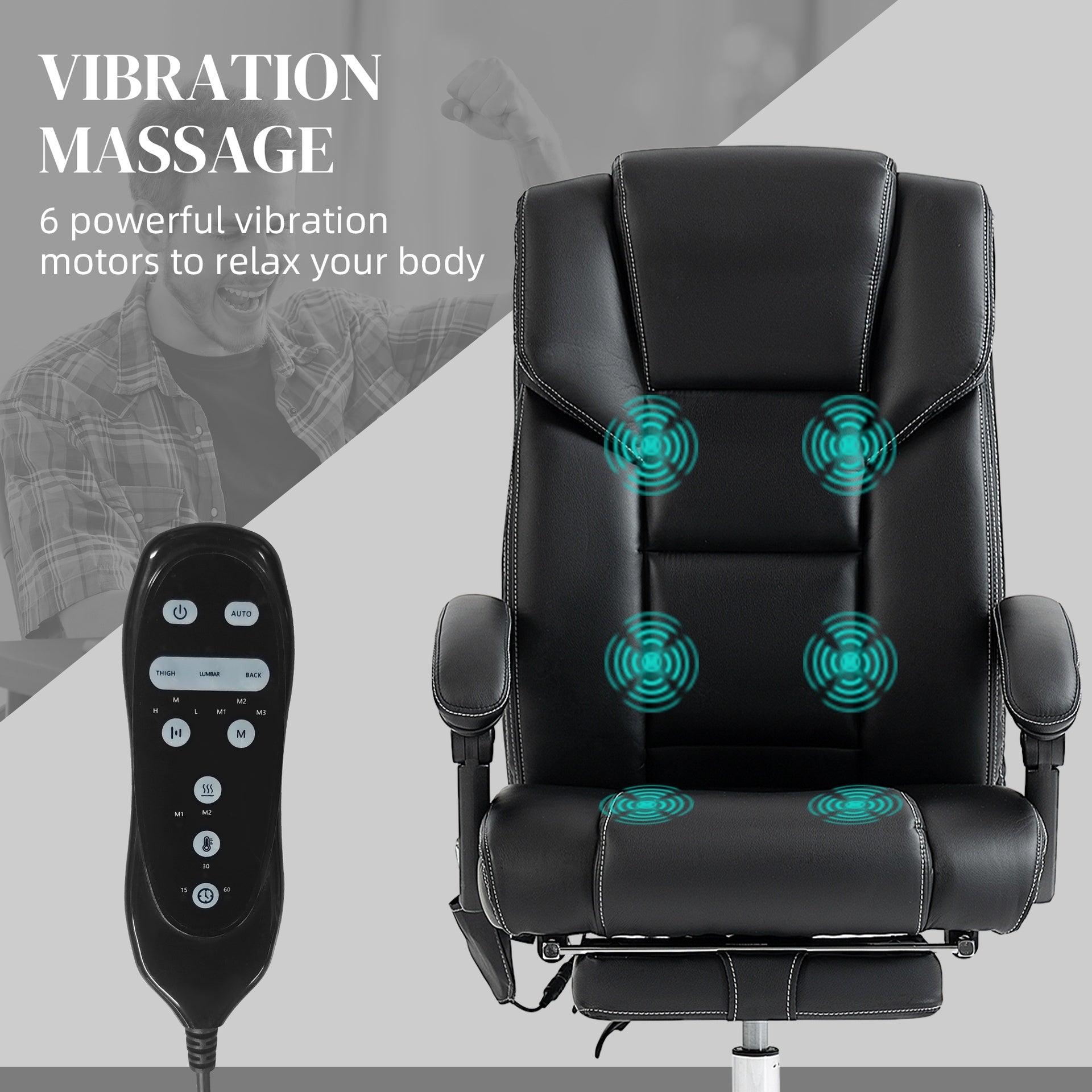 Vinsetto Massage Office Chair with 6 Vibration Points, Lumbar Heated PU Leather Reclining Computer Chair with Adjustable Height, Footrest, Tilt Function, Black