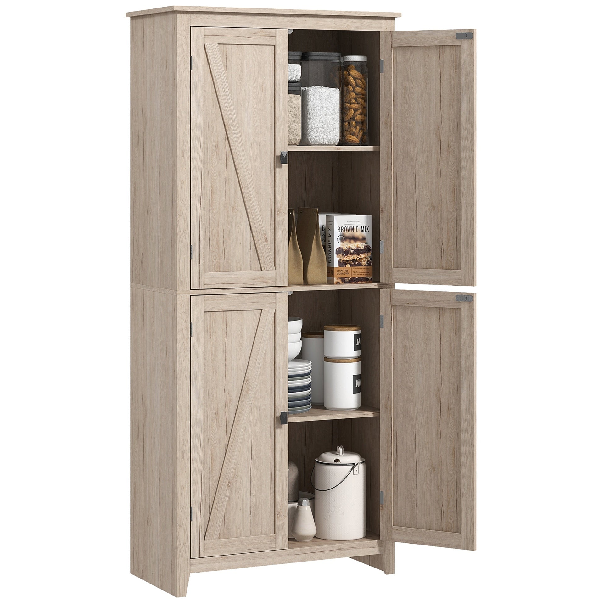 HOMCOM 72" Freestanding 4-Door Kitchen Pantry, Storage Cabinet Organizer with 4-Tiers, and Adjustable Shelves, Natural