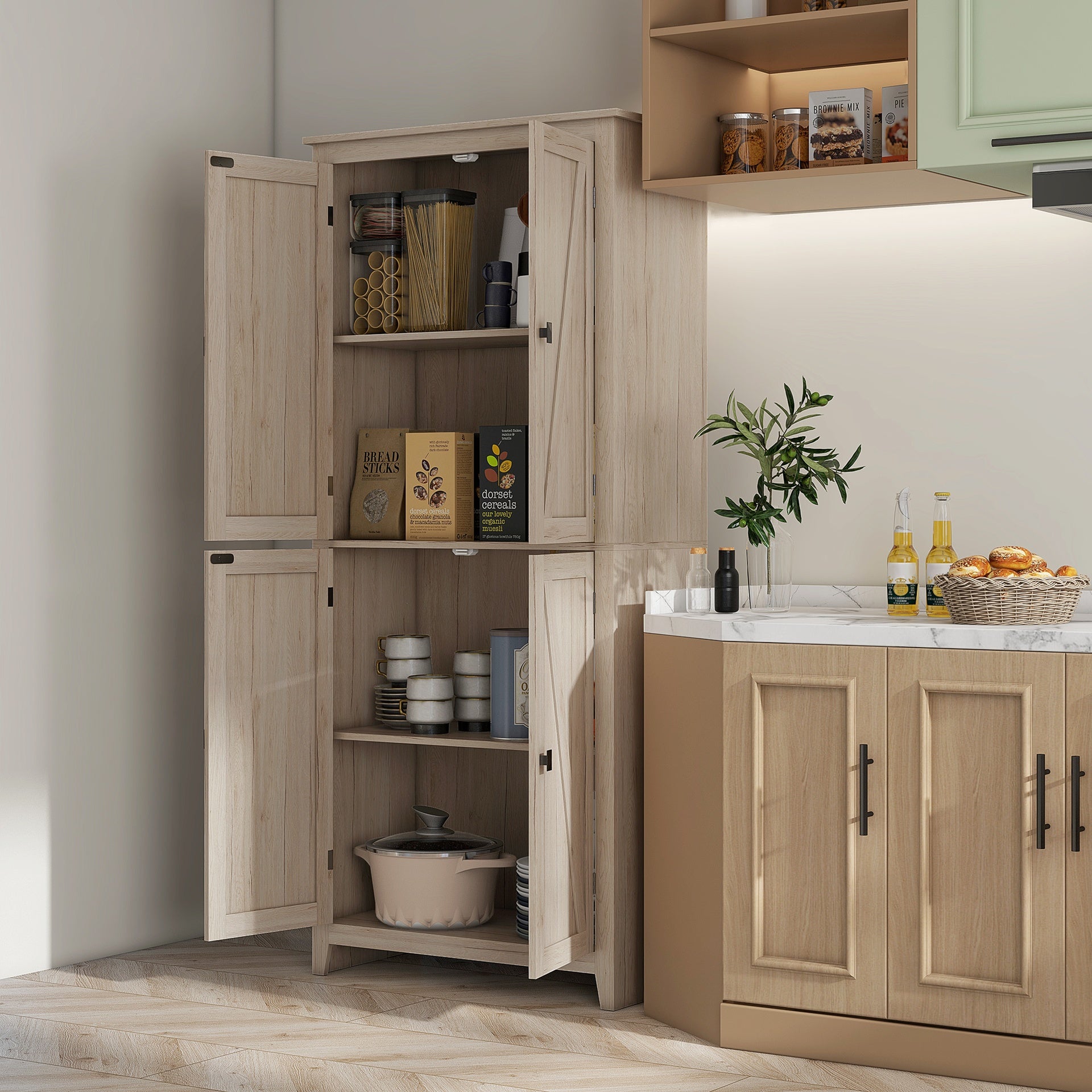 HOMCOM 72" Freestanding 4-Door Kitchen Pantry, Storage Cabinet Organizer with 4-Tiers, and Adjustable Shelves, Natural
