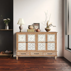 59.06" Chic Natural Wood Accent Cabinet, 4 Doord 3 drawers Sideboard Buffet with Adjustable Shelves, Stylish Storage for Living Room, Kitchen, and Dining, Easy Assembly, Durable MDF, Natural Wood
