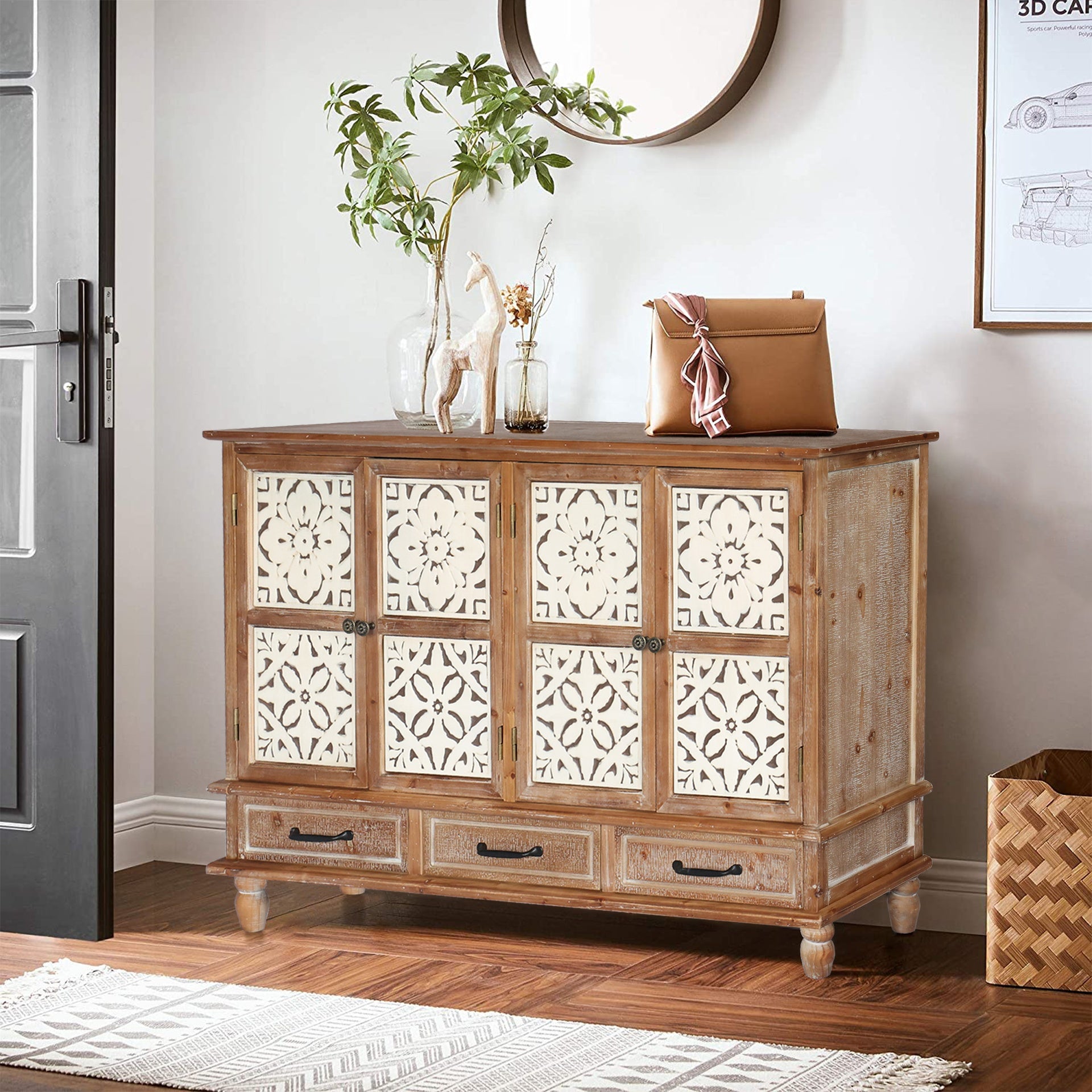 59.06" Chic Natural Wood Accent Cabinet, 4 Doord 3 drawers Sideboard Buffet with Adjustable Shelves, Stylish Storage for Living Room, Kitchen, and Dining, Easy Assembly, Durable MDF, Natural Wood