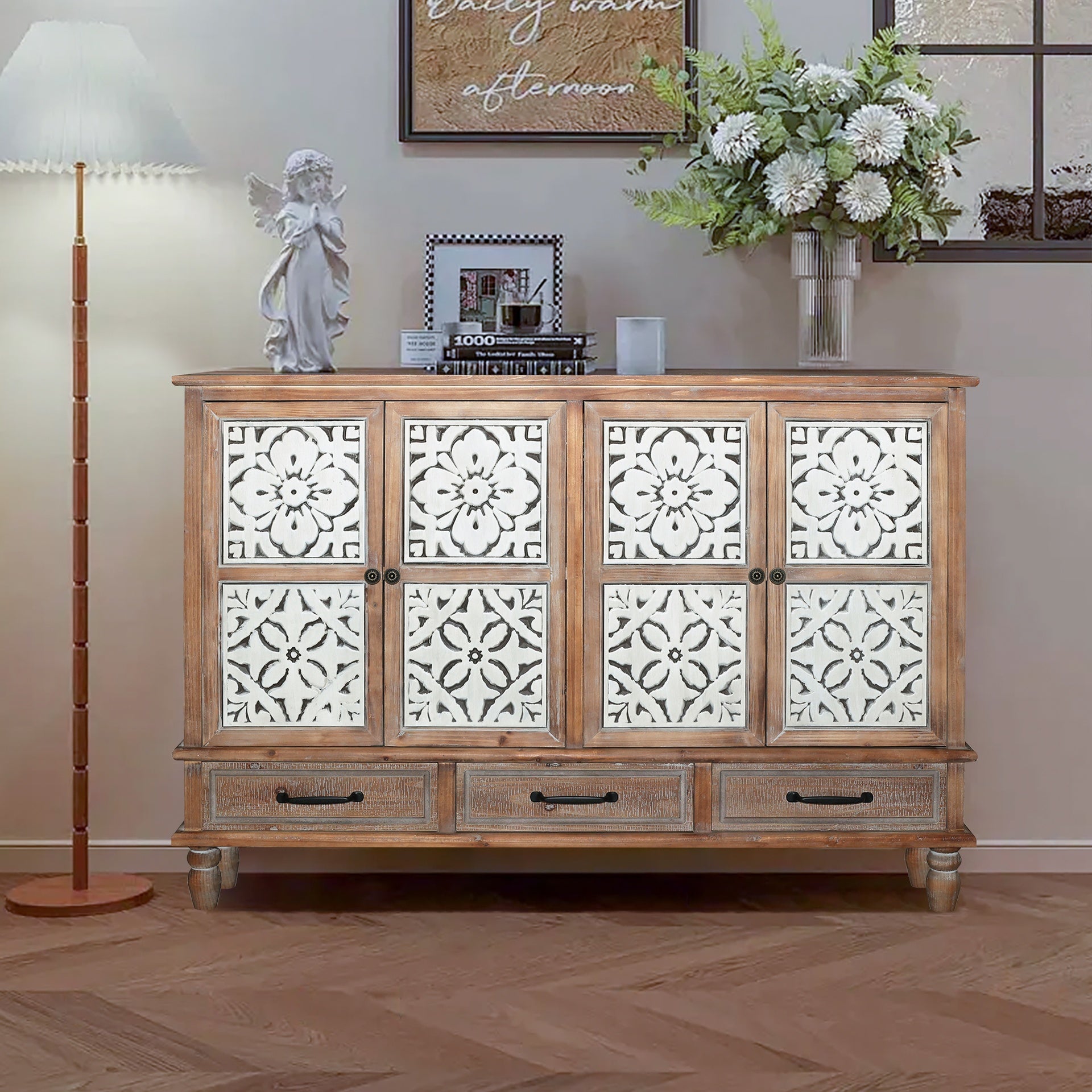 59.06" Chic Natural Wood Accent Cabinet, 4 Doord 3 drawers Sideboard Buffet with Adjustable Shelves, Stylish Storage for Living Room, Kitchen, and Dining, Easy Assembly, Durable MDF, Natural Wood