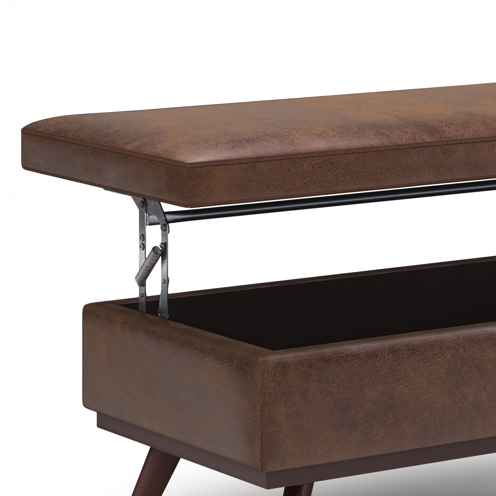 Owen 42 inch Wide Lift Top Large Coffee Table Storage Ottoman in Distressed Chestnut Brown Vegan Leather