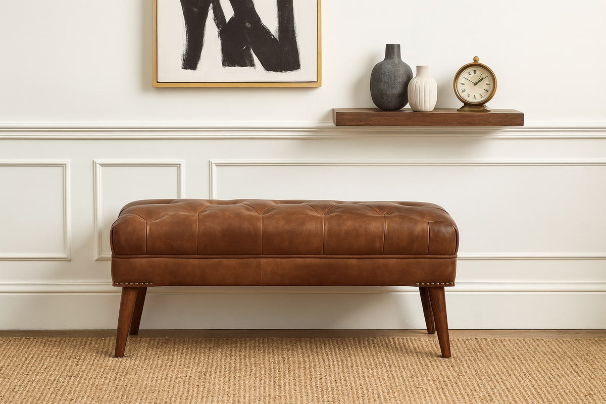 Solid Wood Harbour Leather Upholstered Bench, Dark Brown