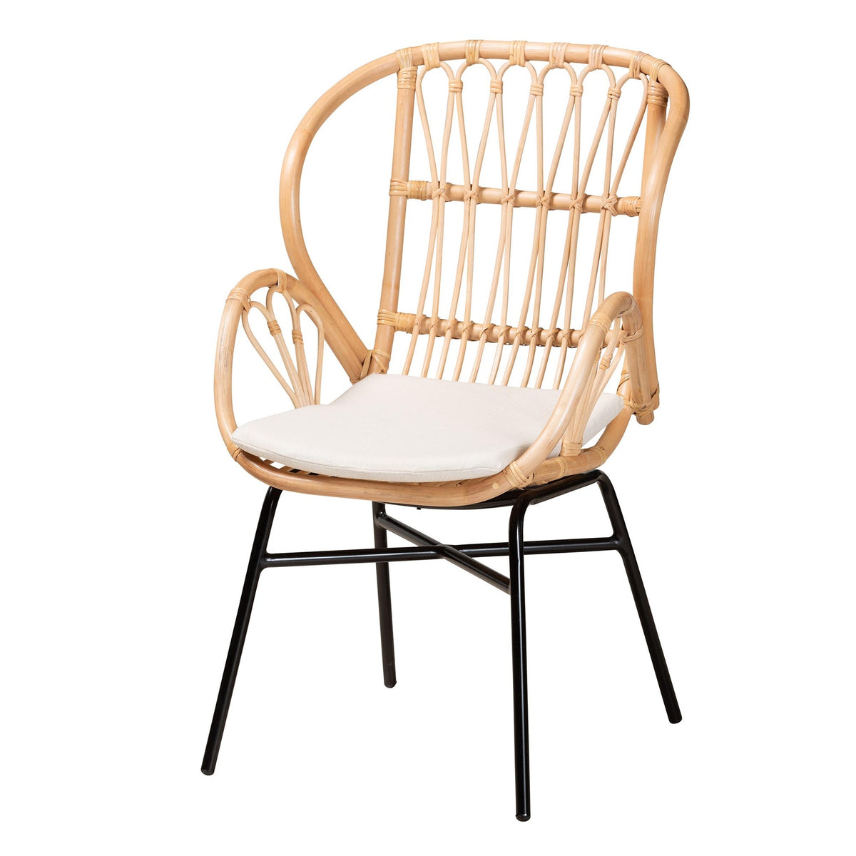 Modern Bohemian Natural Brown Rattan and Black Metal Chair