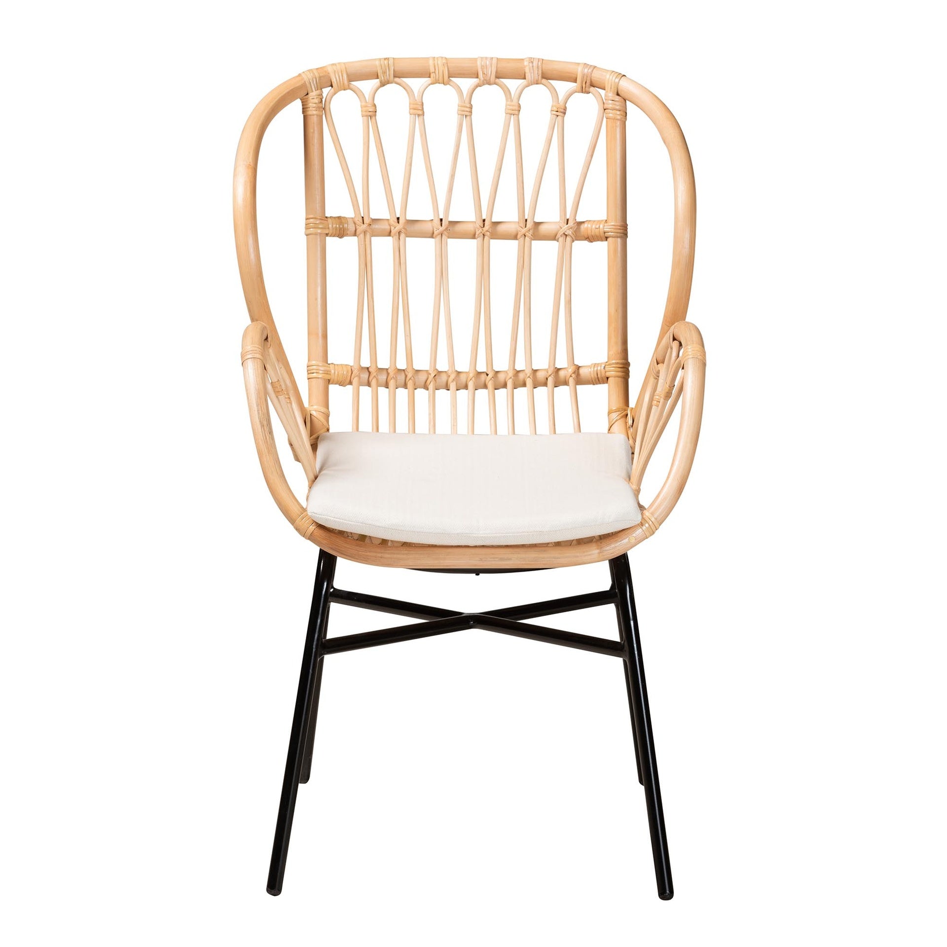 Modern Bohemian Natural Brown Rattan and Black Metal Chair