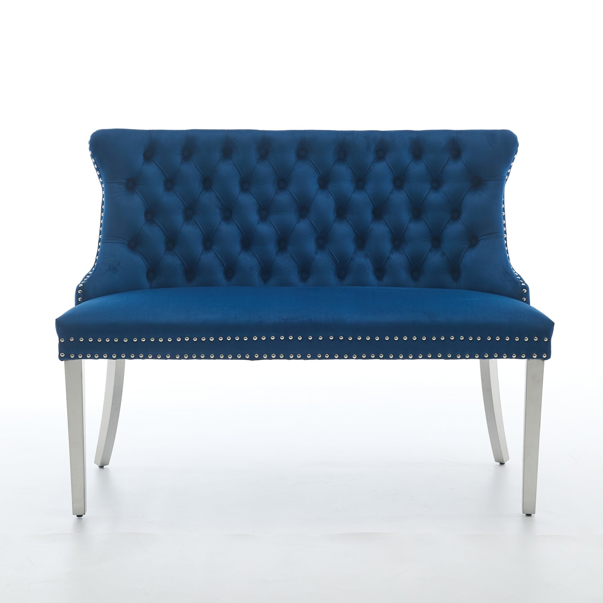 Velvet Double Dining Loveseat Bench, Kitchen & Dining Seating, 2-Seat Tufted Bench w/Handmade Buttons, Wing Back, Brushed Silver Stainless Steel Legs, Mid Century Modern,Single Pack,Blue,SW1702BL