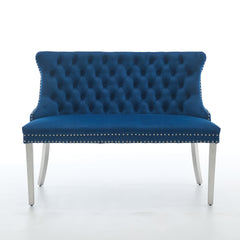 Velvet Double Dining Loveseat Bench, Kitchen & Dining Seating, 2-Seat Tufted Bench w/Handmade Buttons, Wing Back, Brushed Silver Stainless Steel Legs, Mid Century Modern,Single Pack,Blue,SW1702BL
