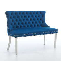 Velvet Double Dining Loveseat Bench, Kitchen & Dining Seating, 2-Seat Tufted Bench w/Handmade Buttons, Wing Back, Brushed Silver Stainless Steel Legs, Mid Century Modern,Single Pack,Blue,SW1702BL
