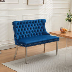 Velvet Double Dining Loveseat Bench, Kitchen & Dining Seating, 2-Seat Tufted Bench w/Handmade Buttons, Wing Back, Brushed Silver Stainless Steel Legs, Mid Century Modern,Single Pack,Blue,SW1702BL