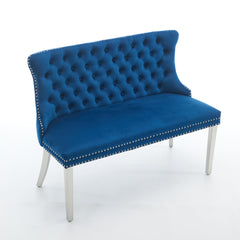 Velvet Double Dining Loveseat Bench, Kitchen & Dining Seating, 2-Seat Tufted Bench w/Handmade Buttons, Wing Back, Brushed Silver Stainless Steel Legs, Mid Century Modern,Single Pack,Blue,SW1702BL