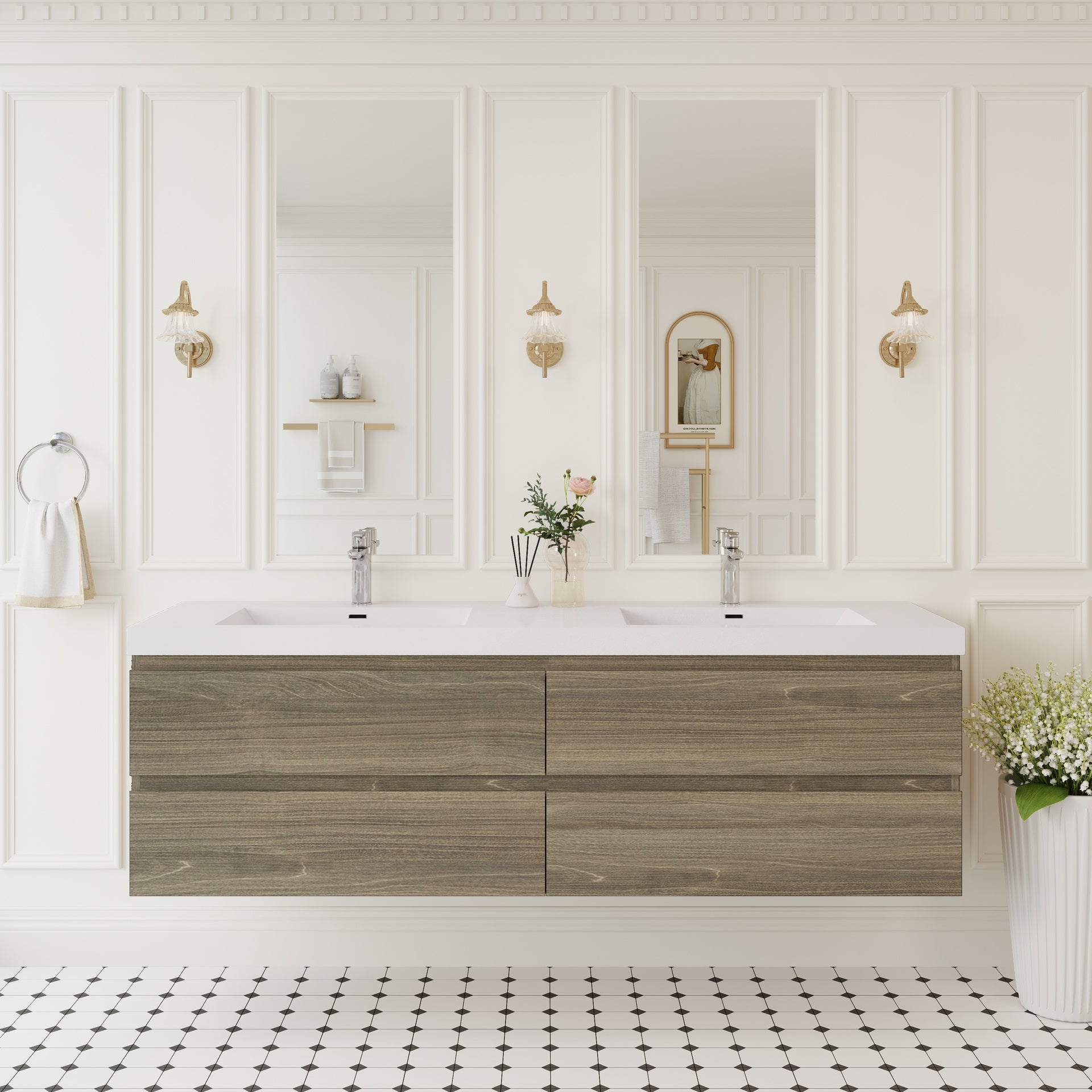72" Floating Bathroom Vanity with Sink, Wall-Mounted Storage Cabinet with Solid Surface Top Basin, Two Sinks Four Soft Close Drawers Fully Assembled, Ash Grey 24V11-72AG-W1920P385506