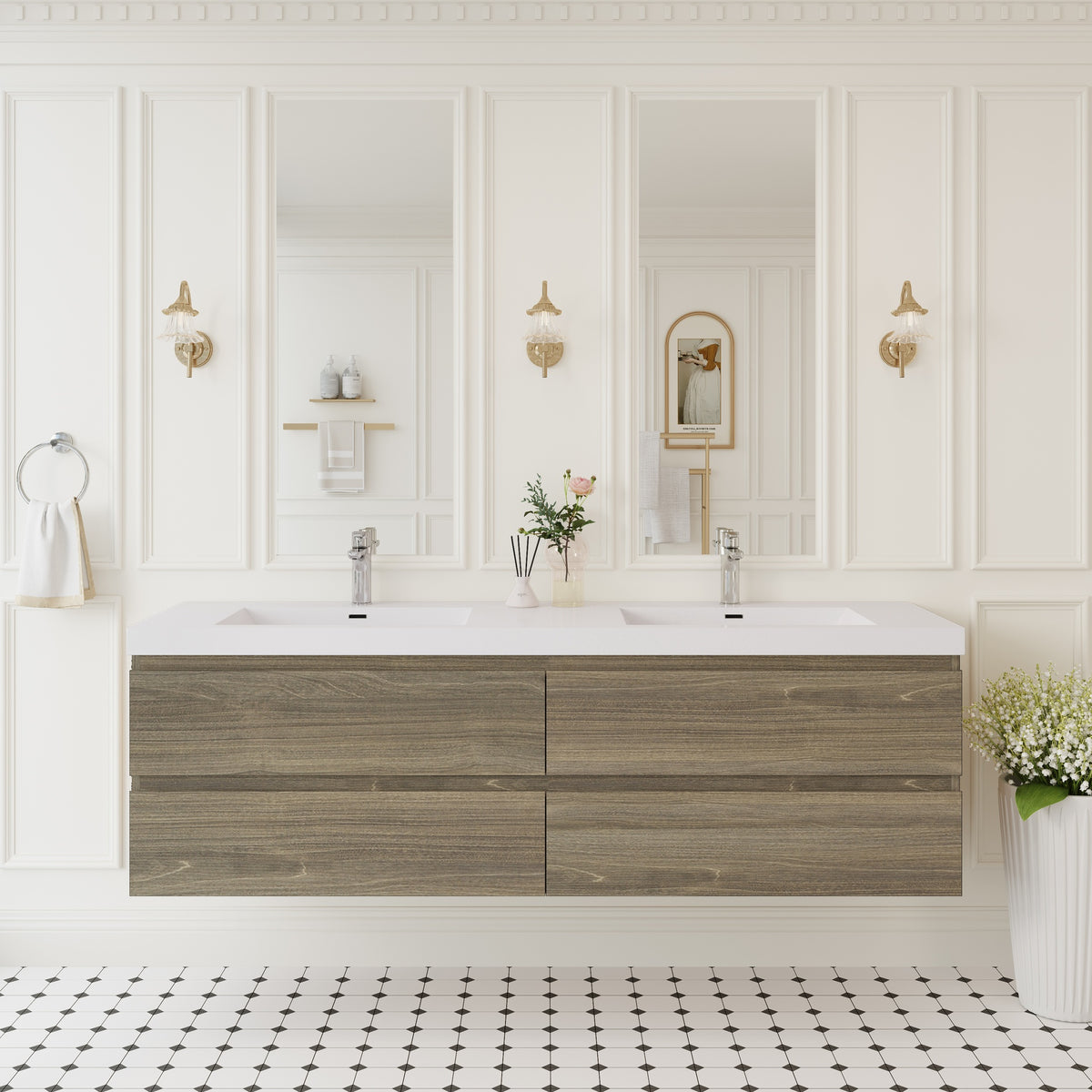 72" Floating Bathroom Vanity with Sink, Wall-Mounted Storage Cabinet with Solid Surface Top Basin, Two Sinks Four Soft Close Drawers Fully Assembled, Ash Grey 24V11-72AG-W1920P385506