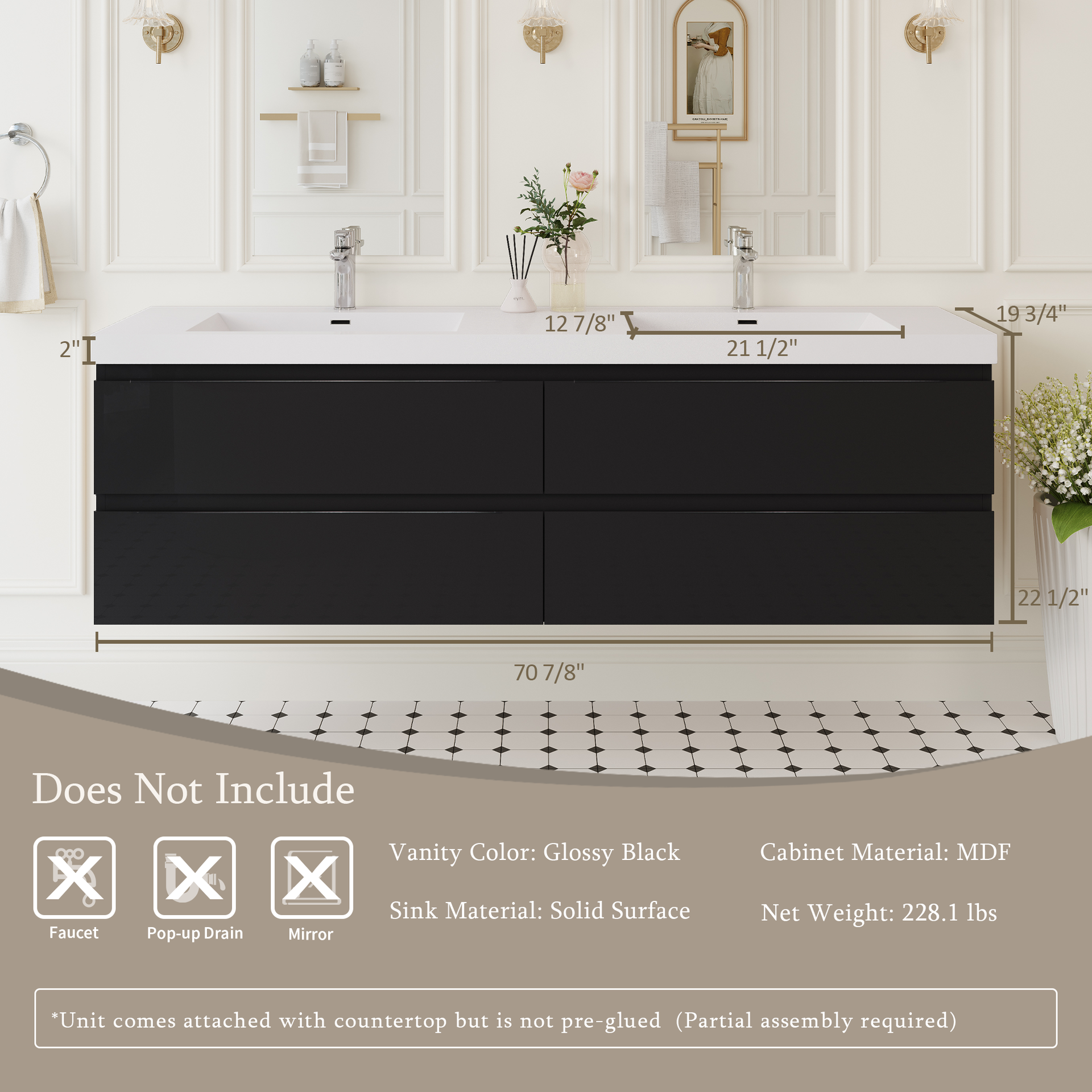 72" Floating Bathroom Vanity with Sink, Wall-Mounted Storage Cabinet with Solid Surface Top Basin and 4 Soft Close Drawers Fully Assembled, Glossy Black 24V11-72GB-W1920P385511