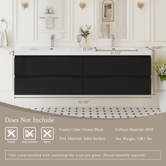 72" Floating Bathroom Vanity with Sink, Wall-Mounted Storage Cabinet with Solid Surface Top Basin and 4 Soft Close Drawers Fully Assembled, Glossy Black 24V11-72GB-W1920P385511
