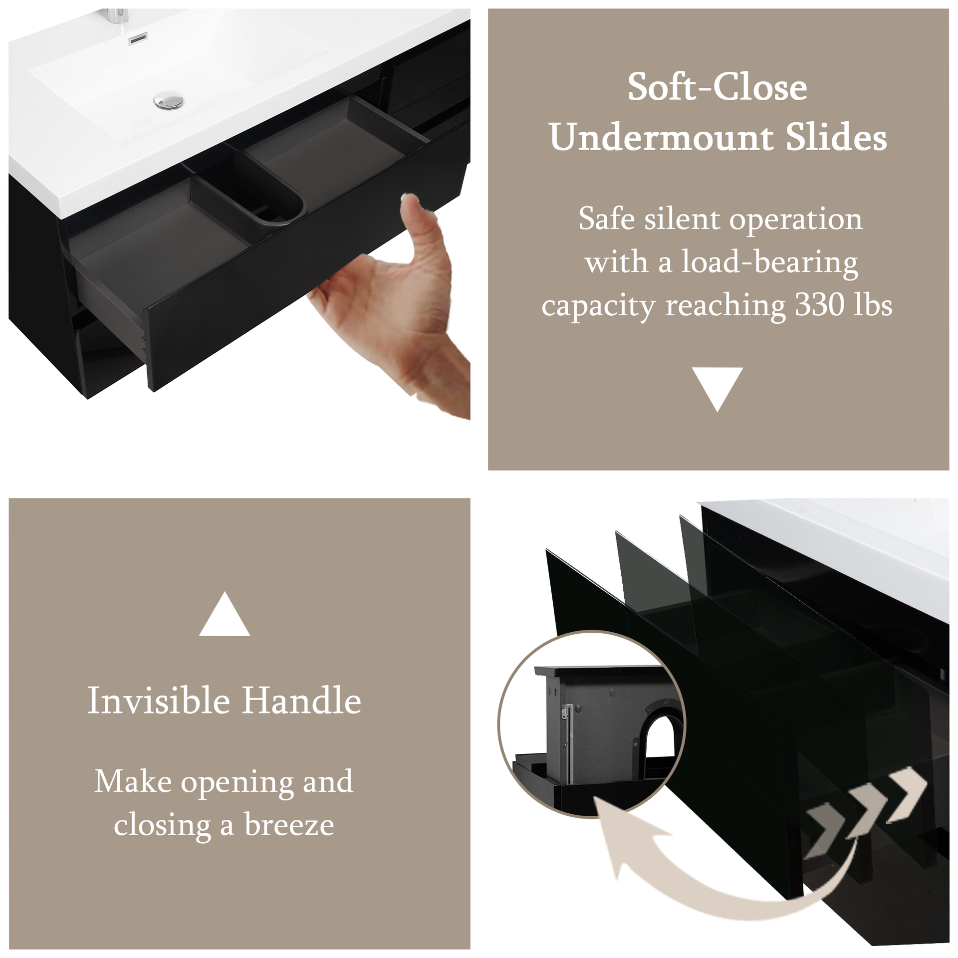 72" Floating Bathroom Vanity with Sink, Wall-Mounted Storage Cabinet with Solid Surface Top Basin and 4 Soft Close Drawers Fully Assembled, Glossy Black 24V11-72GB-W1920P385511