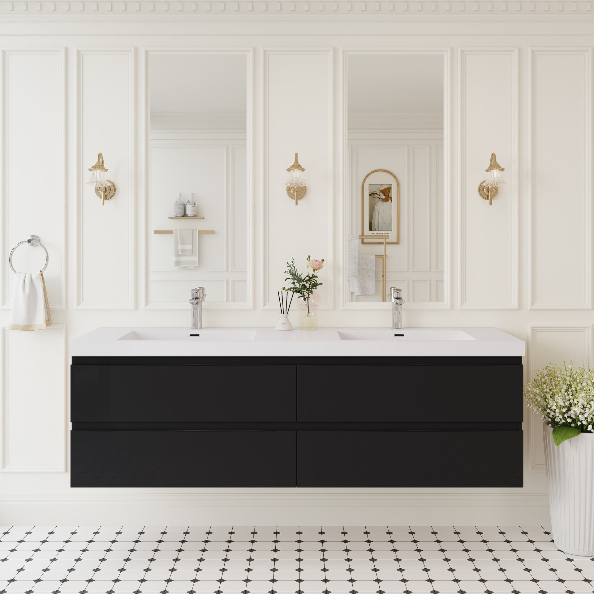 72" Floating Bathroom Vanity with Sink, Wall-Mounted Storage Cabinet with Solid Surface Top Basin and 4 Soft Close Drawers Fully Assembled, Glossy Black 24V11-72GB-W1920P385511