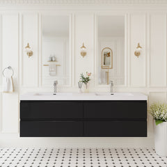72" Floating Bathroom Vanity with Sink, Wall-Mounted Storage Cabinet with Solid Surface Top Basin and 4 Soft Close Drawers Fully Assembled, Glossy Black 24V11-72GB-W1920P385511