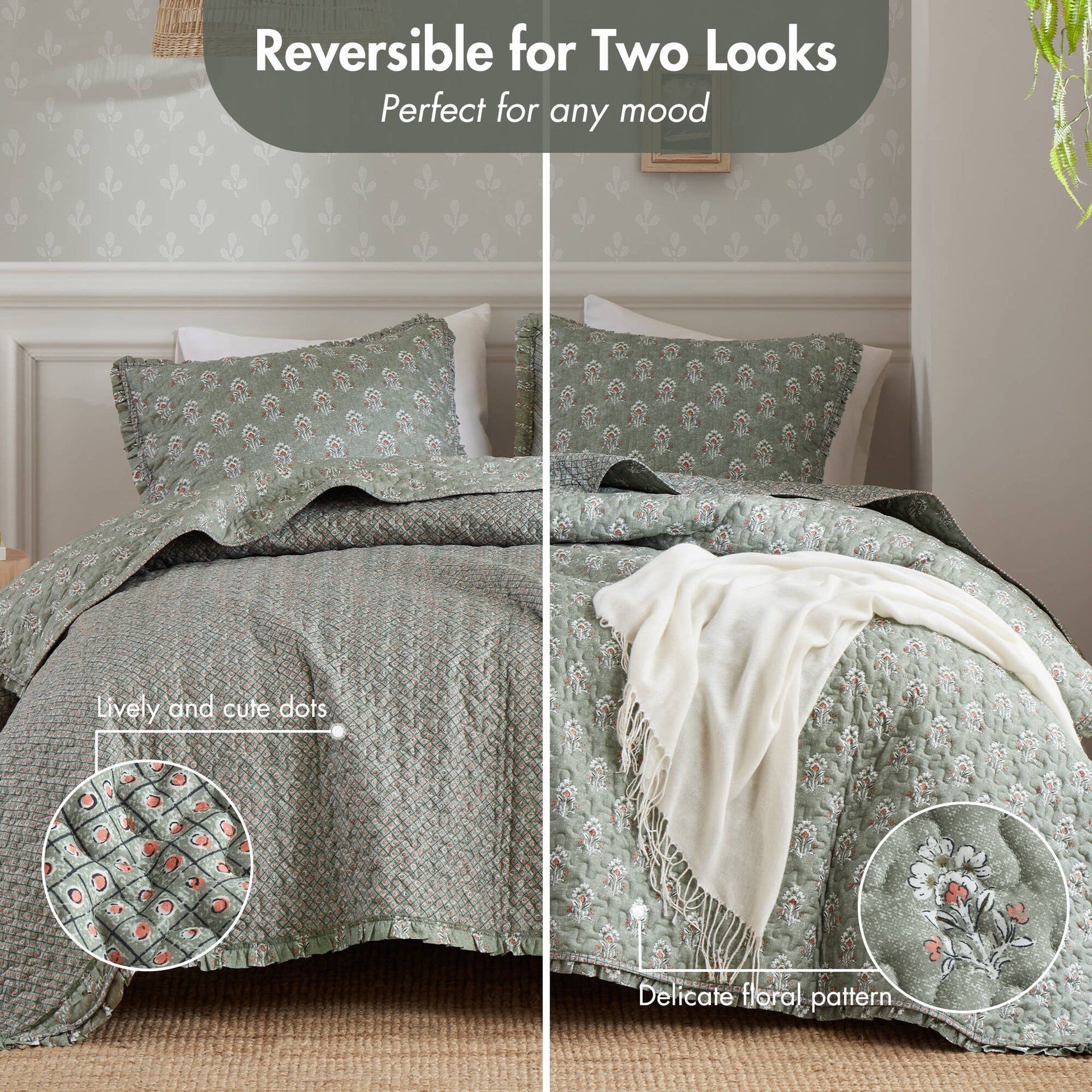 3-Piece King/Cal King 3 Piece Ruffle Printed Quilt Set,Sage Green