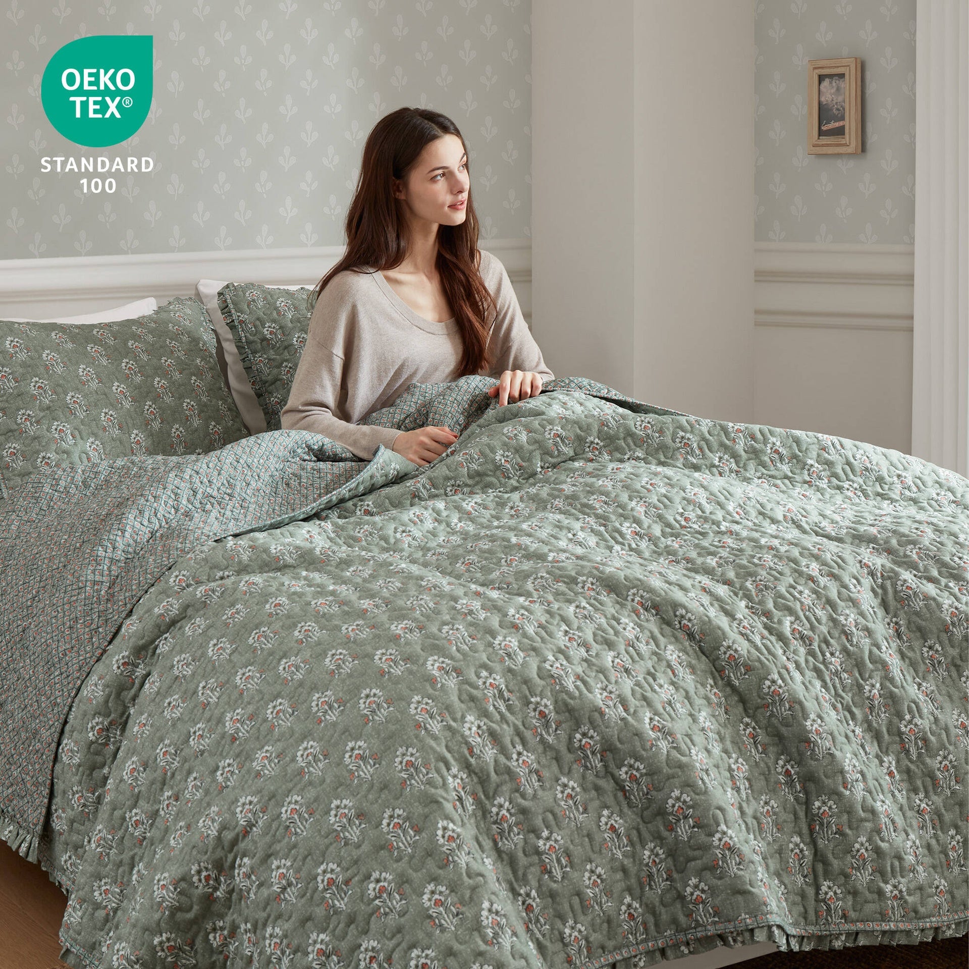 3-Piece King/Cal King 3 Piece Ruffle Printed Quilt Set,Sage Green
