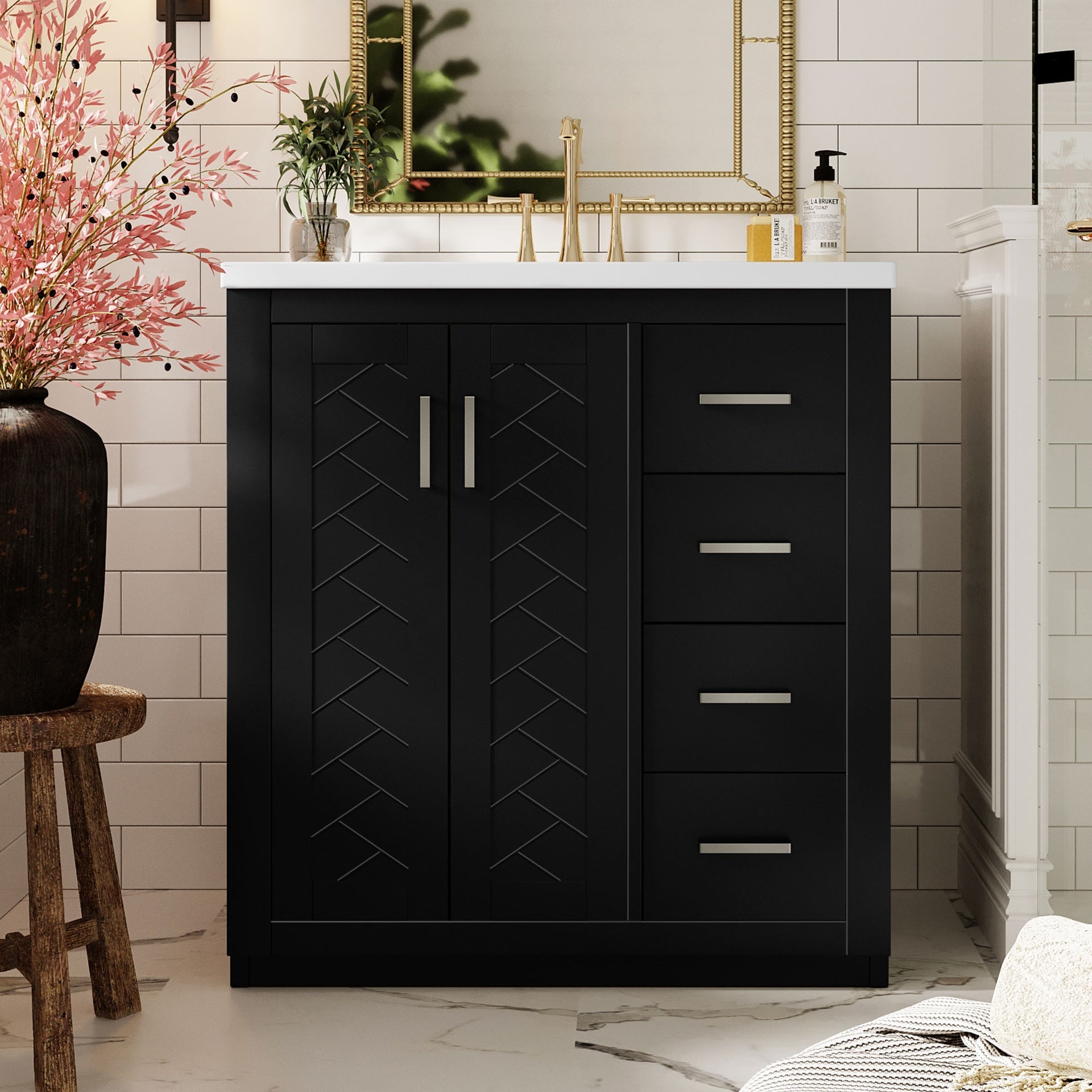 30'' Bathroom Vanity with Ceramic Sink Combo, Solid Wood Frame Bathroom Storage Cabinet, Freestanding Vanity Set with 3 Drawers& Soft Closing Doors