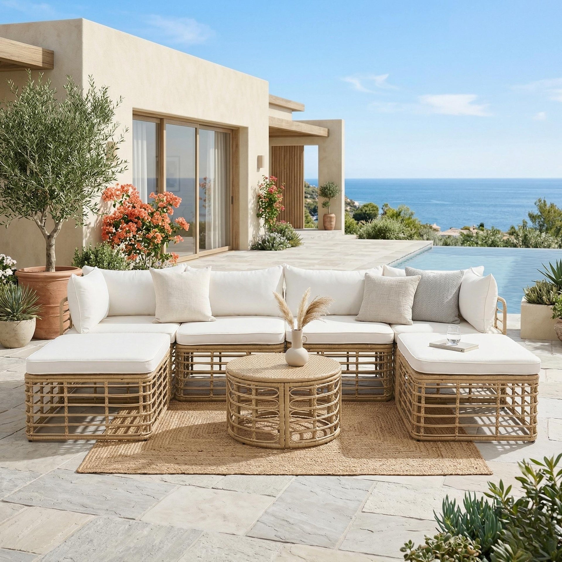 GO 7 Pieces Outdoor Patio Furniture, All-Weather Rattan Sectional Sofa Set with Thick Cushions and Pillows, Freely Combined Conversation Sets for Garden, Backyard, Balcony, Beige