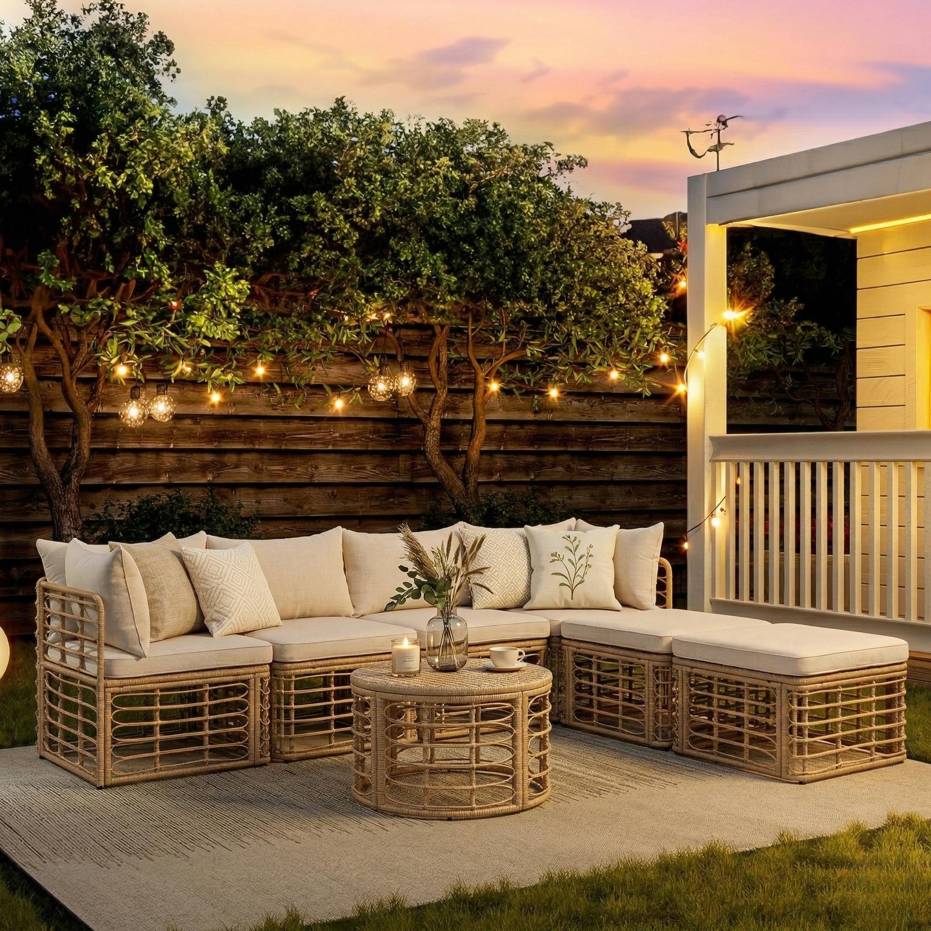 GO 7 Pieces Outdoor Patio Furniture, All-Weather Rattan Sectional Sofa Set with Thick Cushions and Pillows, Freely Combined Conversation Sets for Garden, Backyard, Balcony, Beige