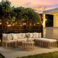 GO 7 Pieces Outdoor Patio Furniture, All-Weather Rattan Sectional Sofa Set with Thick Cushions and Pillows, Freely Combined Conversation Sets for Garden, Backyard, Balcony, Beige