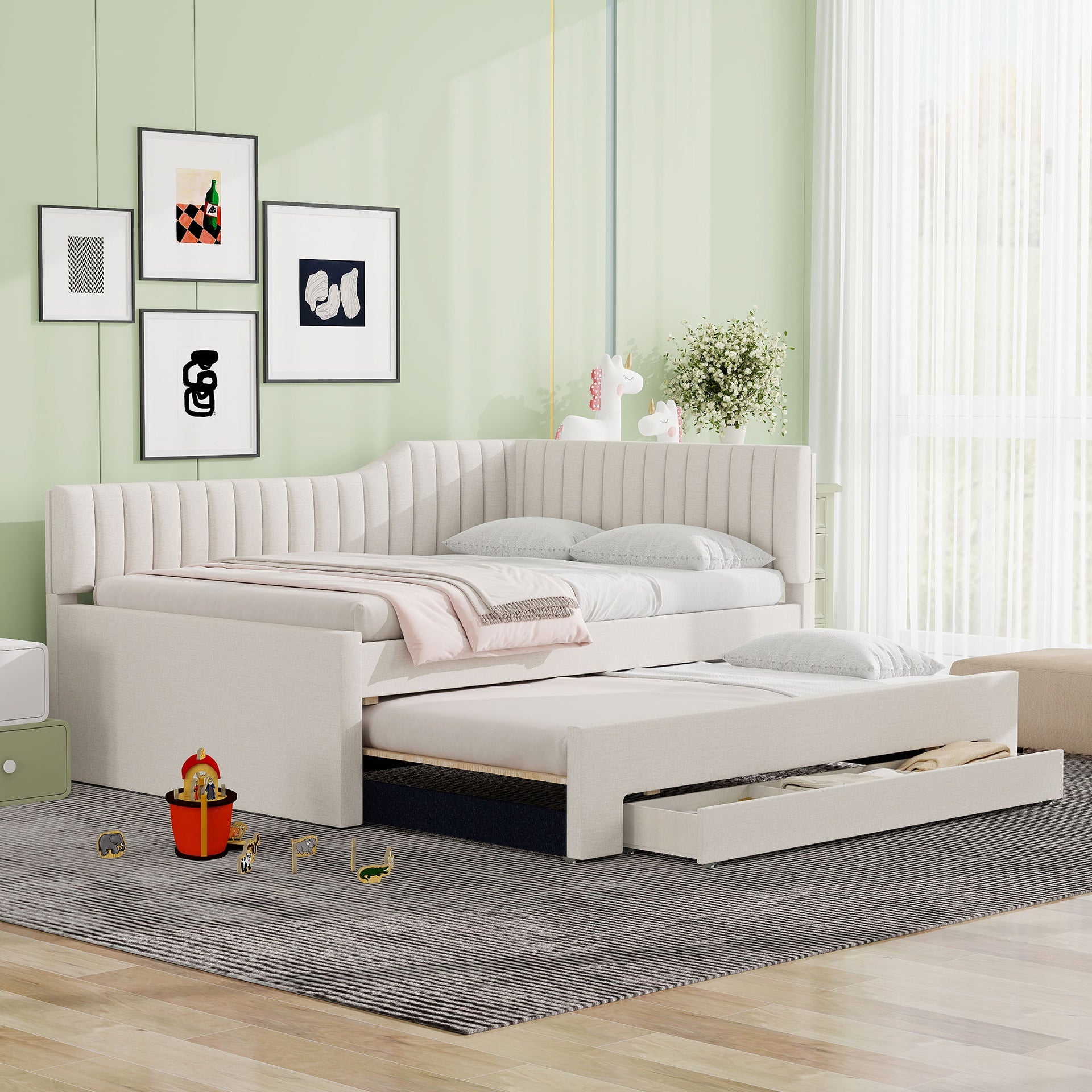 Full Size Upholstered Daybed with Trundle and Three Drawers, Beige