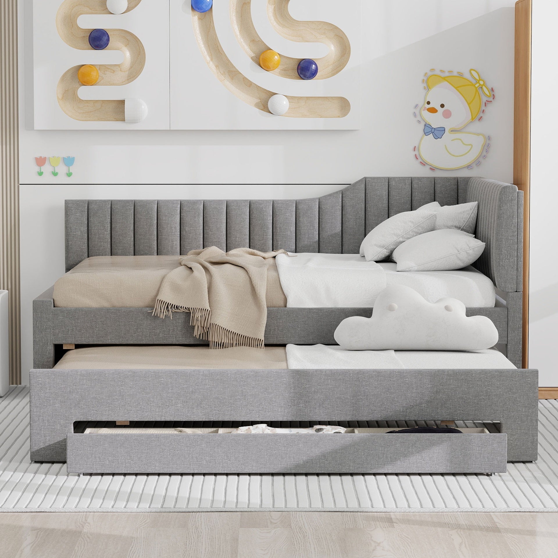 Full Size Upholstered Daybed with Trundle and Three Drawers, Gray